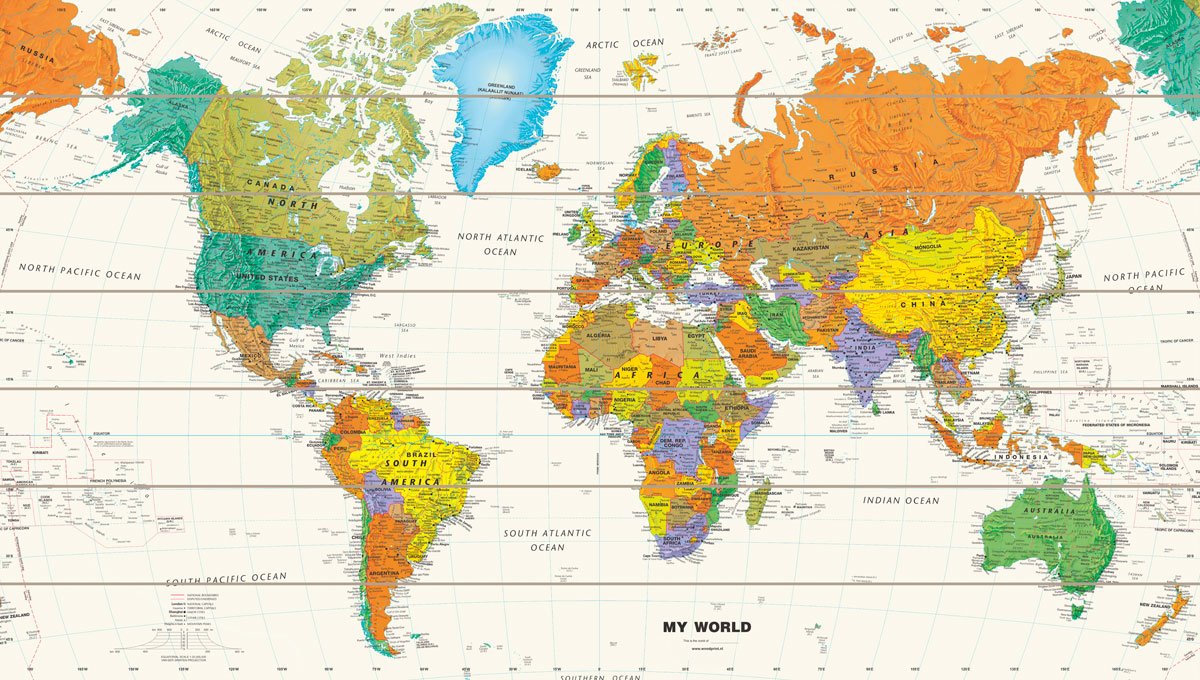 Wereldkaart op Hout in Moderne stijl | 105cm x 60cm  |Kleurrijke Wereldkaart | Met 100 gratis vlaggetjes